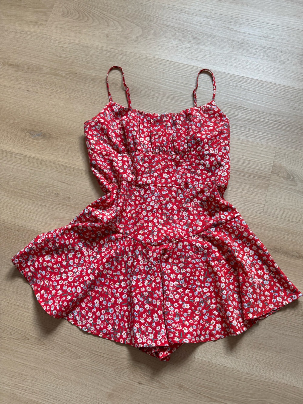 Red Floral Romper with White Daisy Print